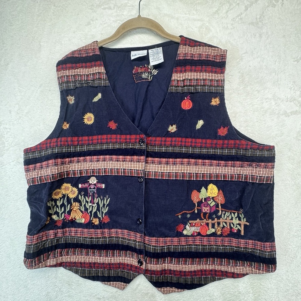 Bobbie Brooks‎ Fall Harvest Embroidered Vest Women's XL Pumpkin Scarecrow